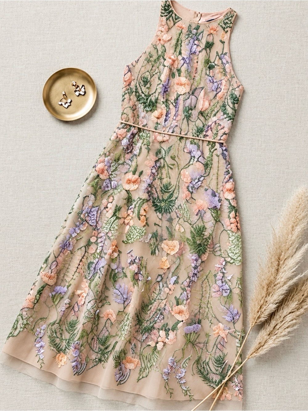 Maggie London Garden embroidered mesh halter dress